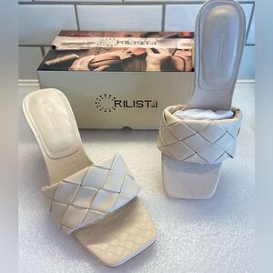 “Relista" Cream Thick Braided Square Toe Sandals Square Chunky Heel 9.5